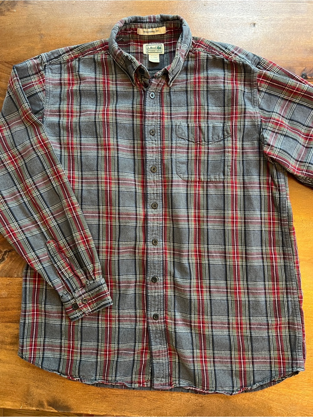 Vintage L.L.Bean Traditional Fit Flannel Plaid Shirt Mens L Tall Gray Red